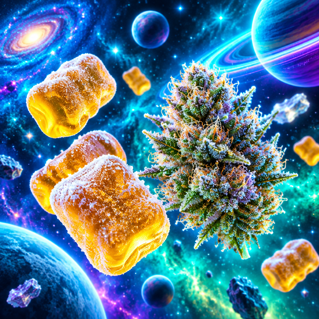 Bernsteinfarbene Live Resin Gummies und gefrorene Cannabisblüte mit Frost vor blauem Hintergrund