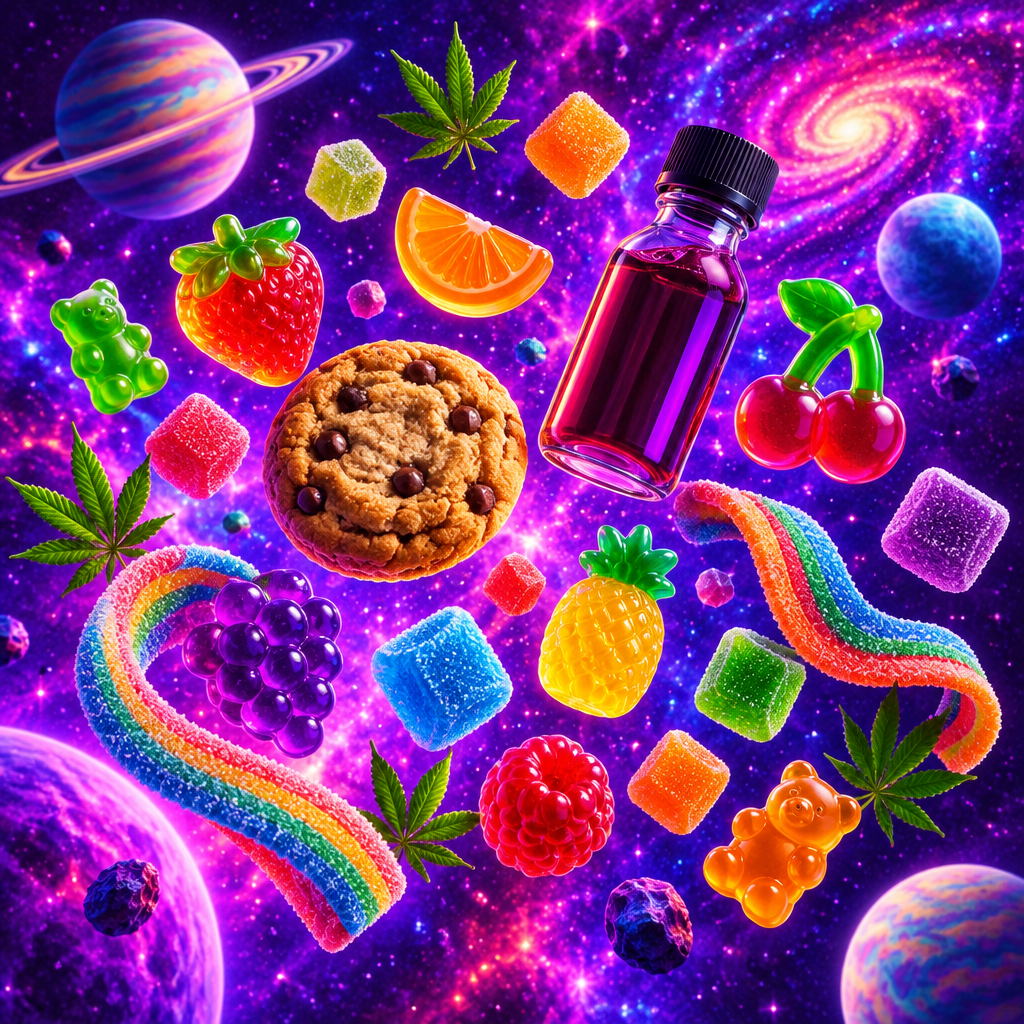 THC Süßigkeiten: bunte Gummies, ein Cookie und eine Sirupflasche vor violettem Hintergrund